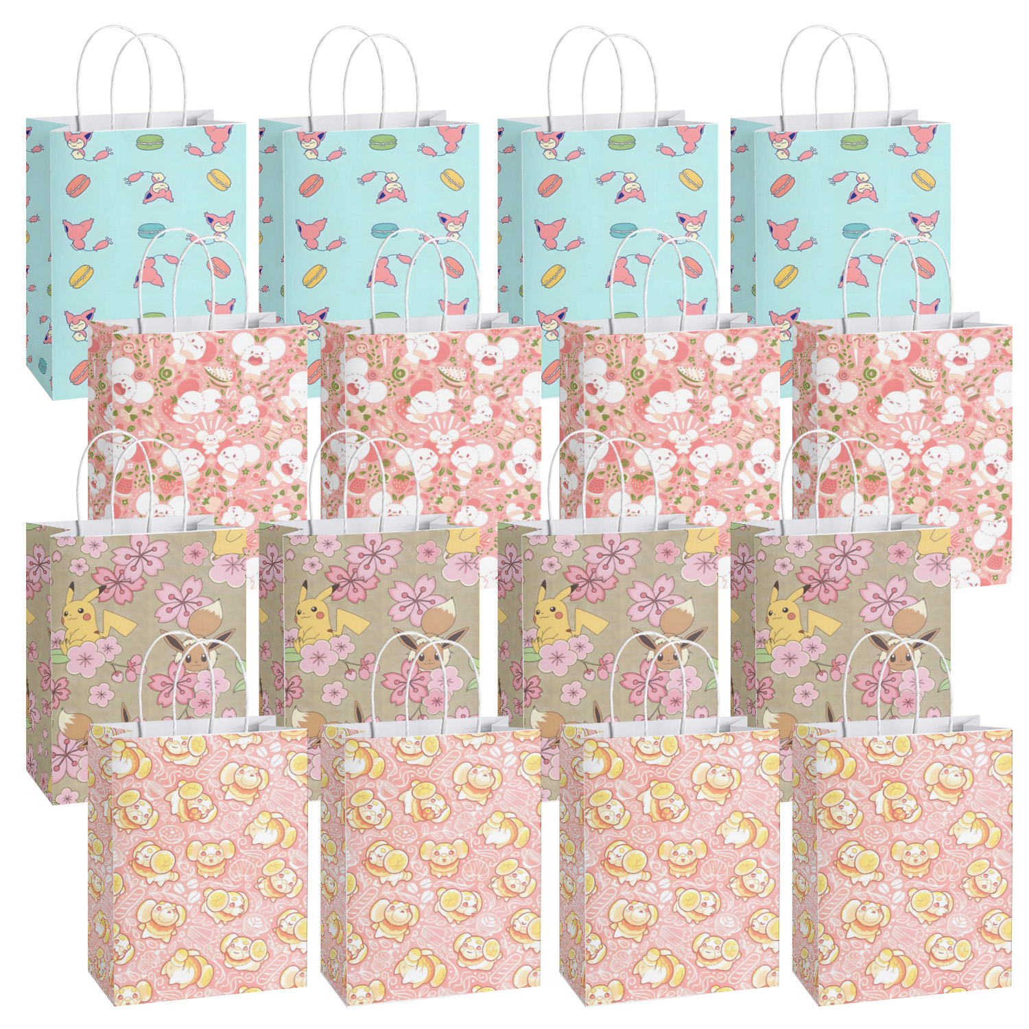 SALQGBUW-Pokemon 16 Pcs Party Paper Gift Bags – Cute Cartoon Favor Bags for Kids' Birthday, Baby Shower, Classroom Treats, and Party Supplies for Boys and Girls